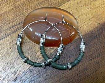 Dark Green Jade Hoop Earrings with Antique Silver Beads – Boho Style Jewelry
