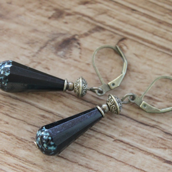 Black Earrings / Dangle Earrings / Drop Earrings / Czech Glass Earrings / Rustic Black Jewelry / Teardrop Earrings / Gift for women