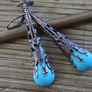 Turquoise Copper Earrings Dangle Drop Earrings Filigree Earrings Victorian Earrings Teardrop Earrings Gift for women