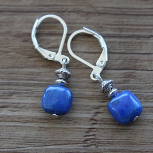 Lapis Sterling Silver Earrings, Dangle Drop Earrings, Tiny Gemstone Earrings, Lapis Lazuli Earrings