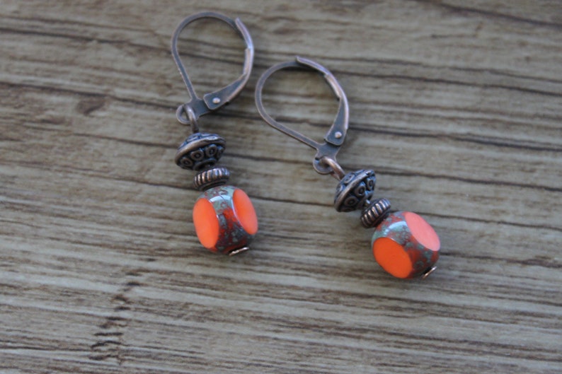 Orange Earrings, Dangle Drop Earrings, Czech Glass Earrings, Small Earrings, Orange Jewelry, Gift for women, Gift for her image 6