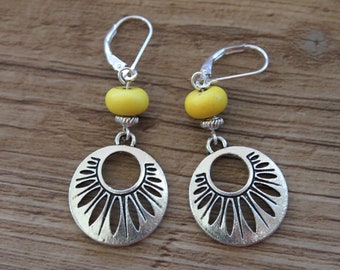 Yellow Silver Boho Earrings, Dangle Earrings, Bohemian Earrings, Boho Jewelry, Small Yellow Earrings, Rustic Earrings