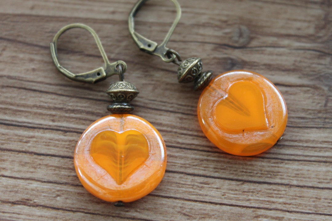 Orange Heart Earrings Dangle Drop Earrings Czech Glass Etsy
