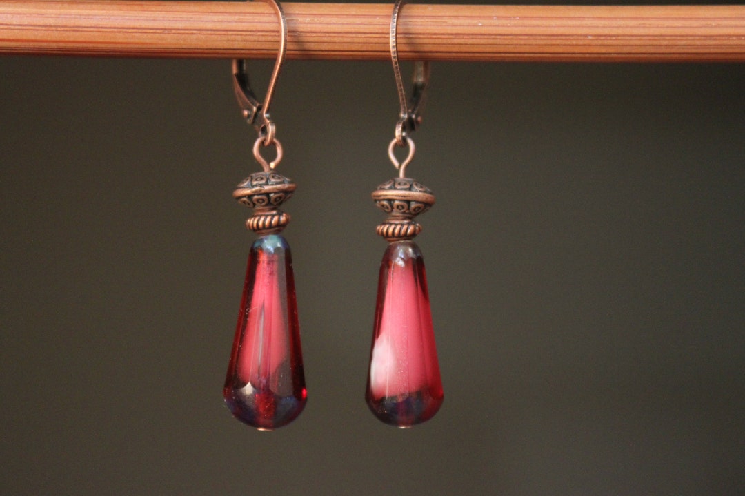 Red Earrings Czech Glass Earrings Dangle Glass Teardrop - Etsy