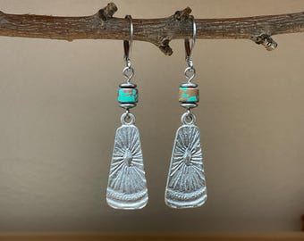 Ceramic Green & Brown Dangle Earrings, Antique Silver Ethnic Charms, Boho Drop Jewelry