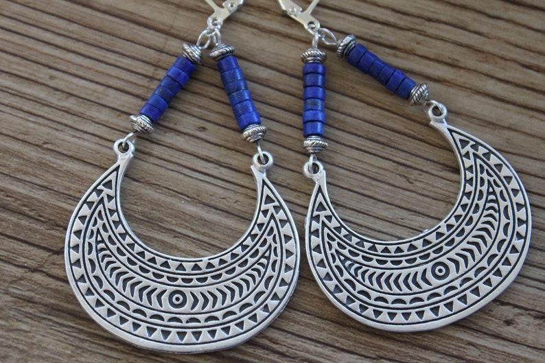 Lapis Silver Boho Earrings Dangle Boho jewelry Large Bohemian Earrings Lapis lazuli Earrings Bohemian jewelry Statement Earrings image 6