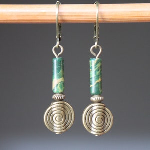 Green Brass Boho Earrings, Dangle Jade Earrings, Drop Earrings, Boho Jewelry, Rustic Earrings, Gift For Women
