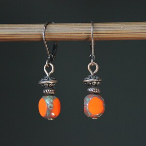 Orange Earrings, Dangle Drop Earrings, Czech Glass Earrings, Small Earrings, Orange Jewelry, Gift for women, Gift for her image 5