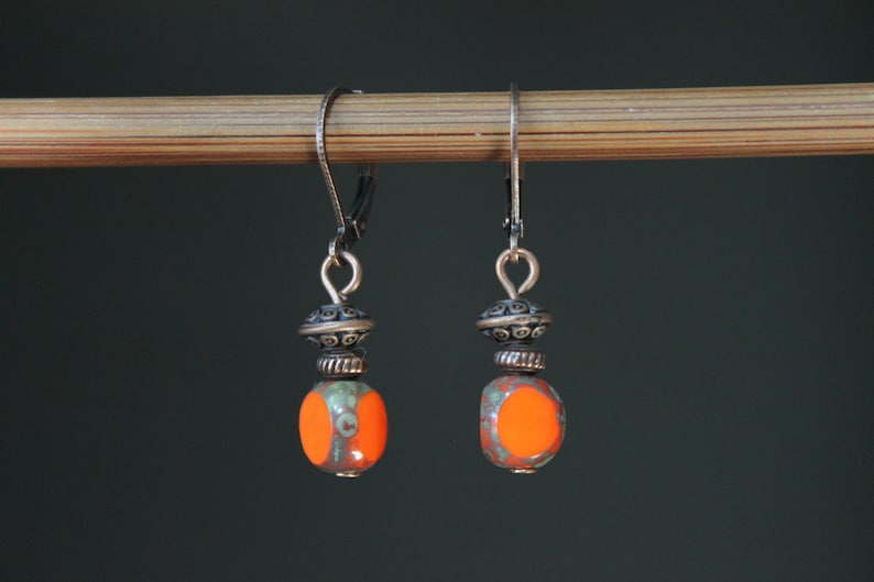 Orange Earrings, Dangle Drop Earrings, Czech Glass Earrings, Small Earrings, Orange Jewelry, Gift for women, Gift for her image 5