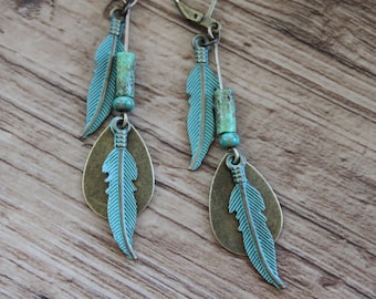 Turquoise Leaf Boho Earrings Dangle Drop Earrings Boho jewelry Brass Earrings Bohemian Earrings Ethnic Earrings Southwest Earrings