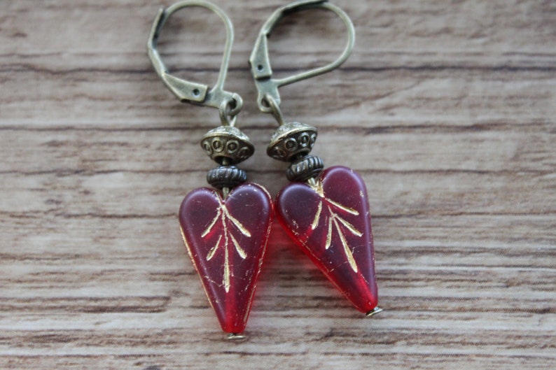 Red Heart Earrings, Dangle Earrings, Czech Glass Earrings, Red Jewelry, Mothers Day Gift , gift for women, Gift for Mom image 6