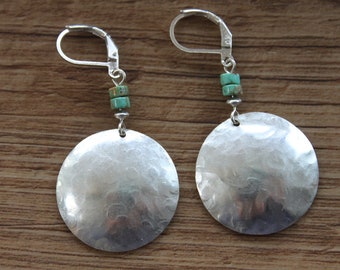 Turquoise Sterling Silver Dangle Drop Earrings Boho Earrings Hammered Earrings Gift for her Boho jewelry DIAMETER 1 INCH