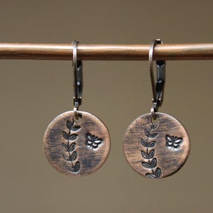 Oxidized Hand Stamped Leaf Butterfly Copper Earrings, Small Dangle Drop Earrings, Copper Jewelry, Rustic Earrings, Nature Lover Gift Copper