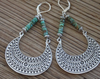 Large Turquoise Silver boho Earrings Dangle Boho jewelry Bohemian Earrings Bohemian jewelry Gift for women