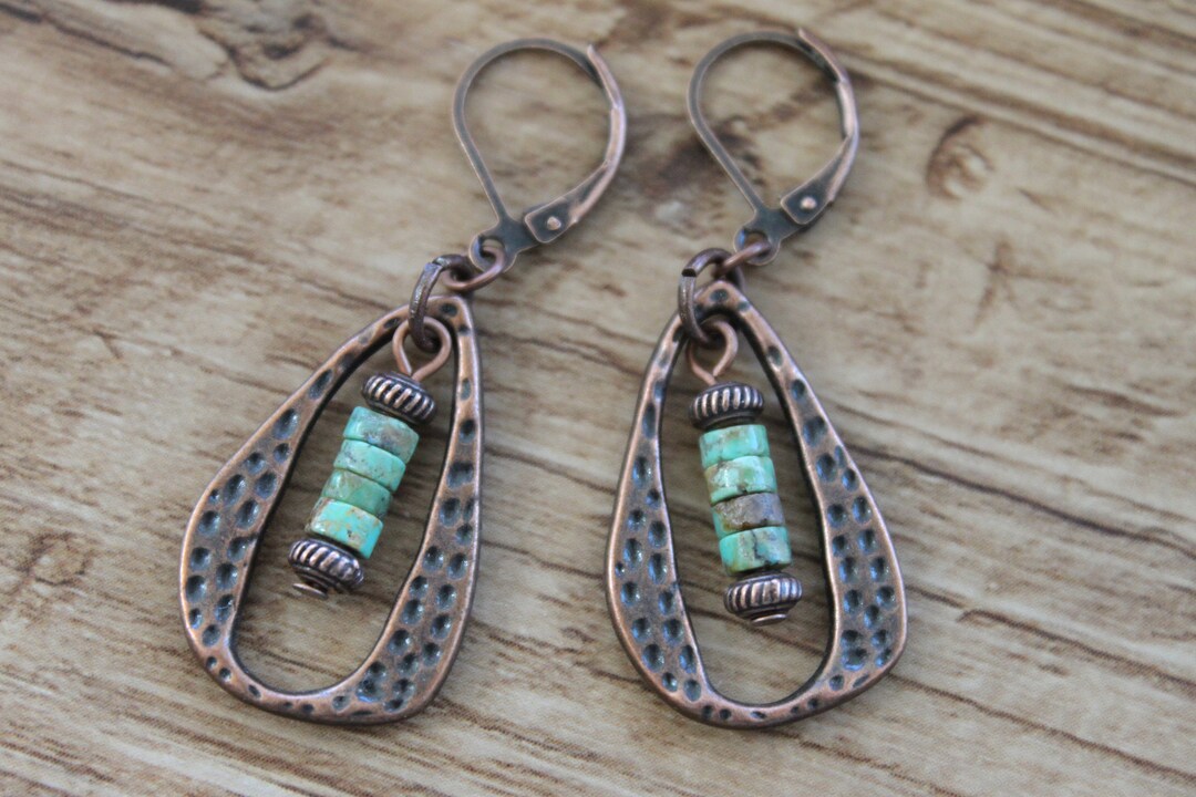Turquoise Boho Earrings, Copper Earrings, Dangle Boho Jewelry, Drop