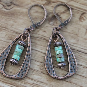 Turquoise Boho Earrings, Copper Earrings, Dangle Boho Jewelry, Drop Earrings, Bohemian Earrings, Rustic Earrings, Gift for her, For women
