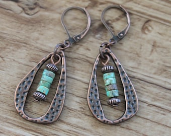 Turquoise Boho Earrings, Copper Earrings, Dangle Boho Jewelry, Drop Earrings, Bohemian Earrings, Rustic Earrings, Gift for her, For women