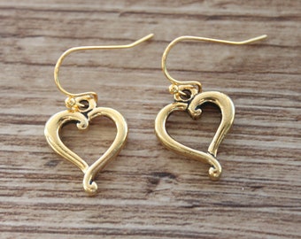 Antique Gold Heart Earrings, Dangle Earrings, Drop Earrings, Heart jewelry, Gift For Women, Gift for wife, Gift for her