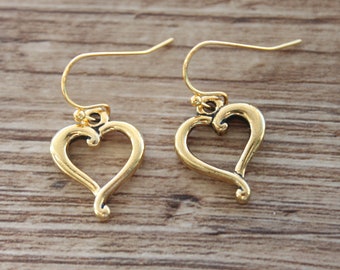 Pendientes antiguos de corazón de oro, pendientes colgantes, pendientes colgantes, joyas de corazón, regalo para mujeres, regalo para esposa, regalo para ella