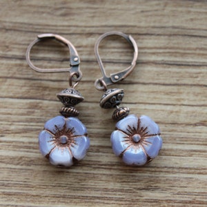 Purple Czech Glass Flower Earrings: Antique Copper Dangle Earrings