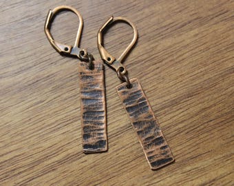 Hand Textured Birch Copper Earrings, Dangle Boho Earrings, Oxidized Earrings, Copper Jewelry, Rustic Earrings, Bark Tree Earrings