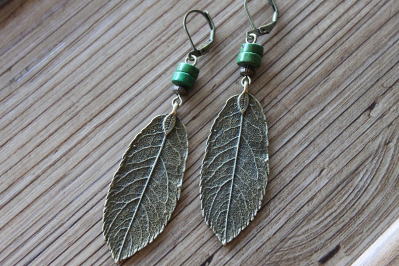 Turquoise Boho Earrings, Dangle Leaf Earrings, Bohemian Earrings, Boho Jewelry, Brass Earrings, Nature Lover Gift Earrings image 5