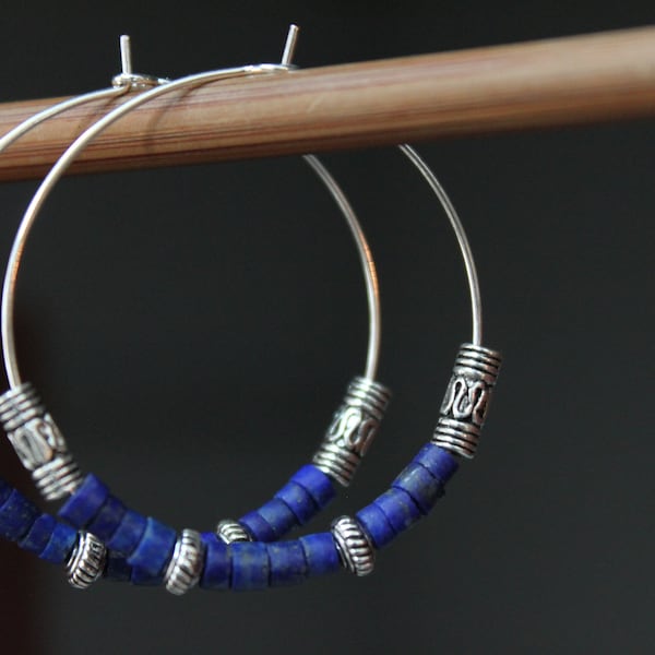 Blue Hoop Earrings / Lapis Silver Earrings / Blue Earrings Dangle / Boho earrings / Bohemian jewelry / Gemstone earrings / Gift for women