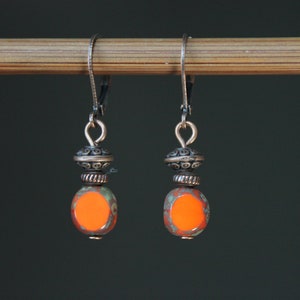 Orange Earrings, Dangle Drop Earrings, Czech Glass Earrings, Small Earrings, Orange Jewelry, Gift for women, Gift for her Orange