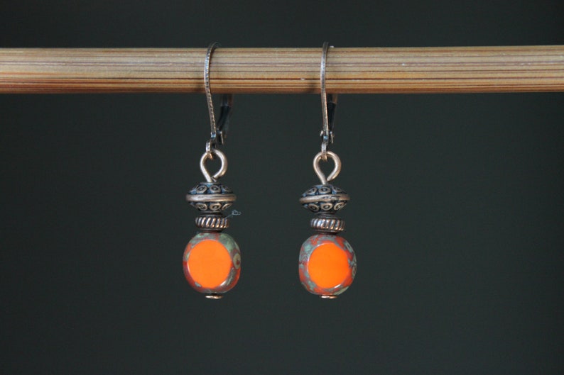 Orange Earrings, Dangle Drop Earrings, Czech Glass Earrings, Small Earrings, Orange Jewelry, Gift for women, Gift for her Orange