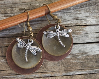 Boho Earrings Dangle Earrings Mixed Metal Earrings Dragonfly Earrings Boho Jewelry Gift for women Nature lover Gift
