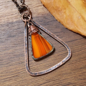 Orange Copper Pendant Necklace, Handcrafted Oxidized Copper Jewelry, Czech Glass Necklace, Unique Gift, Boho Jewelry, Fall Jewelry