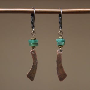 Handcrafted Emerald Copper Earrings, Small Dangle Earrings, Hammered Oxidized Copper Jewelry, Rustic Earrings, Copper Anniversary Gifts