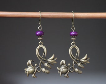 Purple Dangle Boho Earrings, Brass Flower Earrings, Large Earrings, Boho Jewelry, Bohemian Earrings, Brass Jewelry, Statement Earrings