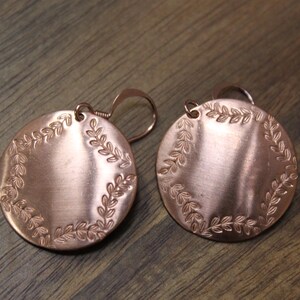 Hand Stamped Copper Leaf Earrings, Boho Dangle Jewelry, Bohemian Style