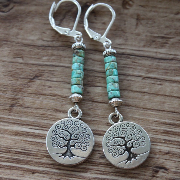 Silver turquoise earrings, Dangle Boho Earrings, Boho jewelry, Bohemian Tree earrings, Nature lover earrings, Gift for women, Nature Jewelry