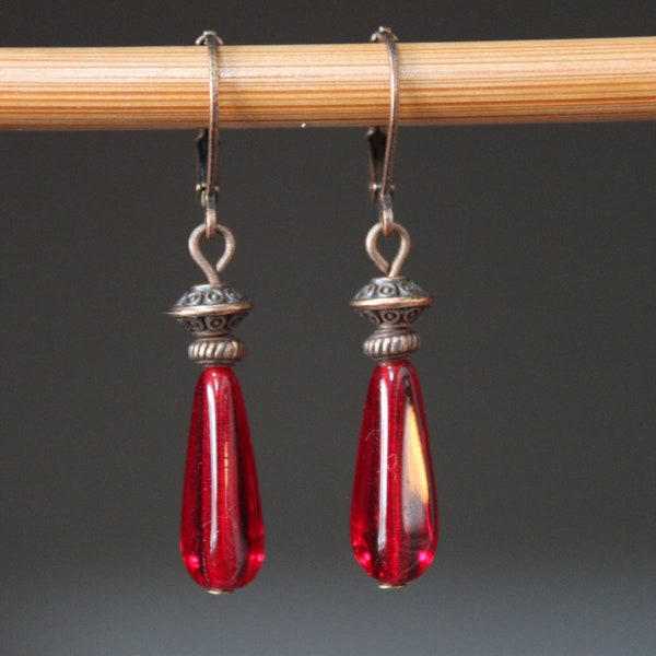 Red Earrings, Dangle Earrings, Czech Glass Earrings, Red Jewelry, Gift for her, Gift for women, Gift for wife