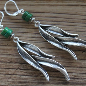 Green Leaf Earrings  / Dangle Earrings  / Silver Bohemian Jewelry / Boho Earrings / Long Silver Earrings / Rustic Earrings