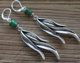 Green Leaf Earrings  / Dangle Earrings  / Silver Bohemian Jewelry / Boho Earrings / Long Silver Earrings / Rustic Earrings