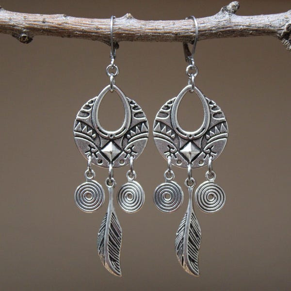 Long Silver Dangle Earrings, Boho Earrings, Bohemian Jewelry, Chandelier Earrings, Hippie Earrings, Statement Earrings