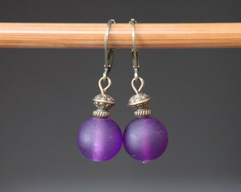 Dark Purple Glass Ball Earrings: Antique Brass Dangle Jewelry