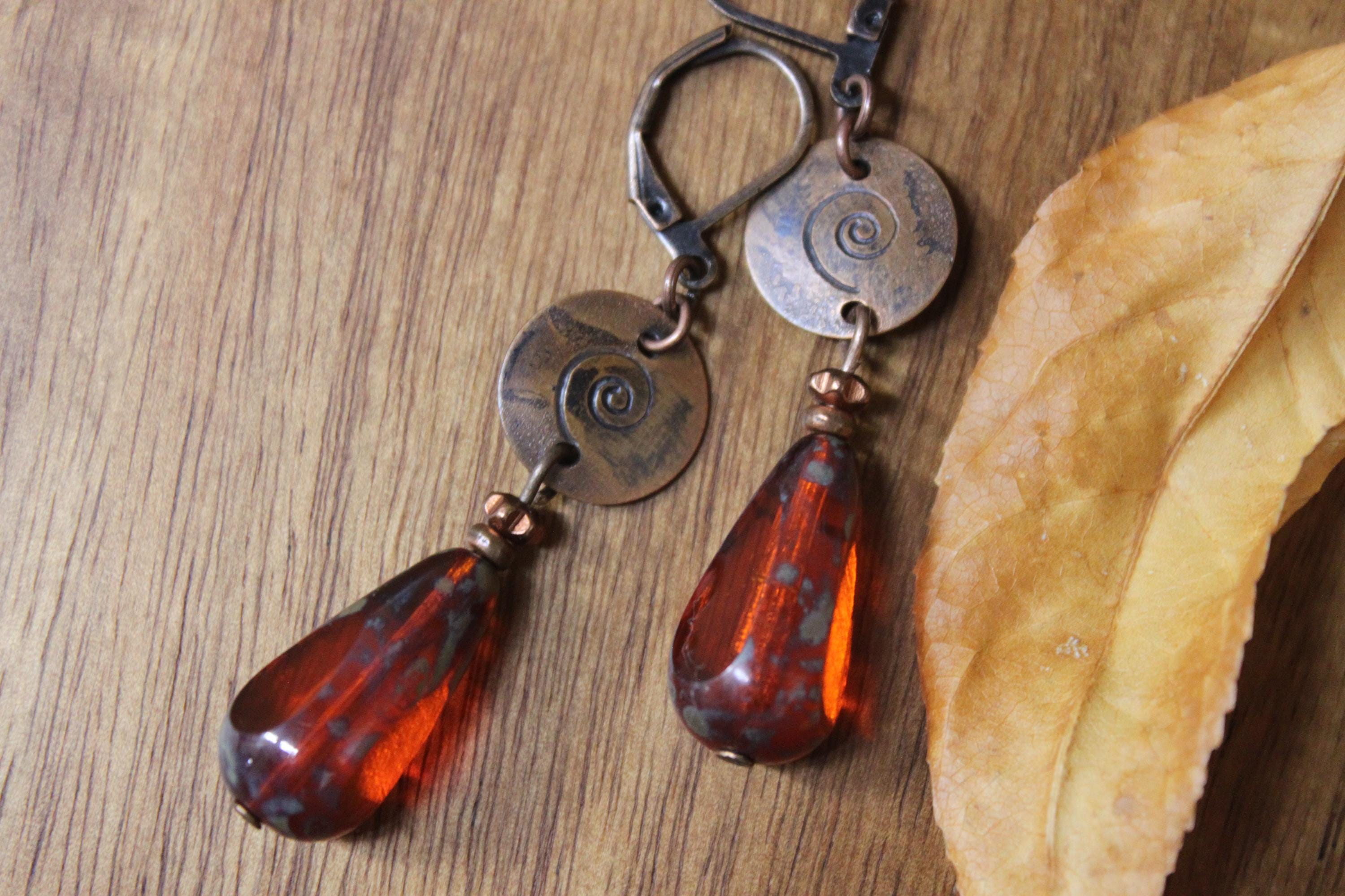 Boucles D'oreilles Pendantes Cuivre émaillé écru/orange/marron - Style Rustique, Neuves