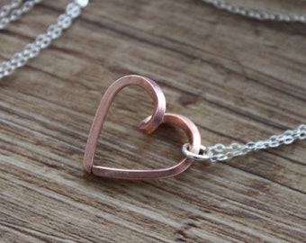 Heart Necklace Copper Sterling Silver Necklace Valentine Necklace Minimalist Necklace Valentine day Unique Gift for women Hand forged Heart
