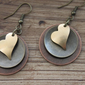 Heart Earrings Dangle Boho Earrings Drop Earrings Mixed Metal Earrings Heart Jewelry Gift for her Gift for wife Gift for women image 6