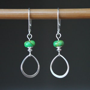 Mohave Green Turquoise Sterling Silver Earrings / Small Dangle Earrings / Teardrop Earrings / Leverback Earrings
