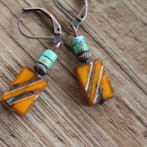 Orange Turquoise Earrings, Czech Glass Earrings, Dangle and Drop Earrings, Orange Jewelry, Rustic Earrings, Gift for women