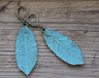 Turquoise Leaf Earrings: Antique Brass Boho Dangle Earrings
