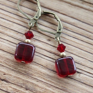Red Earrings, Czech Glass Earrings, Dangle Earrings, Small Earrings, Red Jewelry, Gift for women