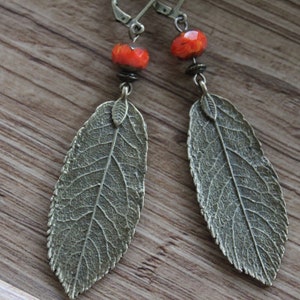 Turquoise Boho Earrings, Dangle Leaf Earrings, Bohemian Earrings, Boho Jewelry, Brass Earrings, Nature Lover Gift Earrings Orange