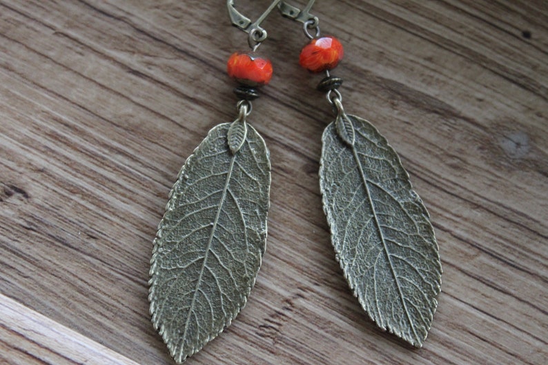 Turquoise Boho Earrings, Dangle Leaf Earrings, Bohemian Earrings, Boho Jewelry, Brass Earrings, Nature Lover Gift Earrings Orange