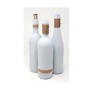 Rustic French Blue Painted Wine Bottle Set: Burlap & Lace Decor